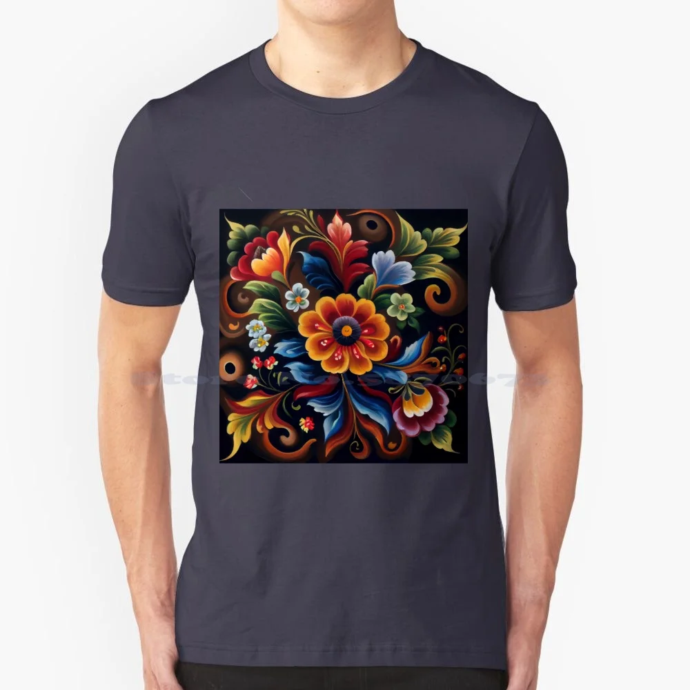 Norwegian Rosemaling-Oil On Canvas #28 T Shirt 100% Cotton Tee Norwegian Rosemaling Folk Art Oil On Floral Motifs Telemark