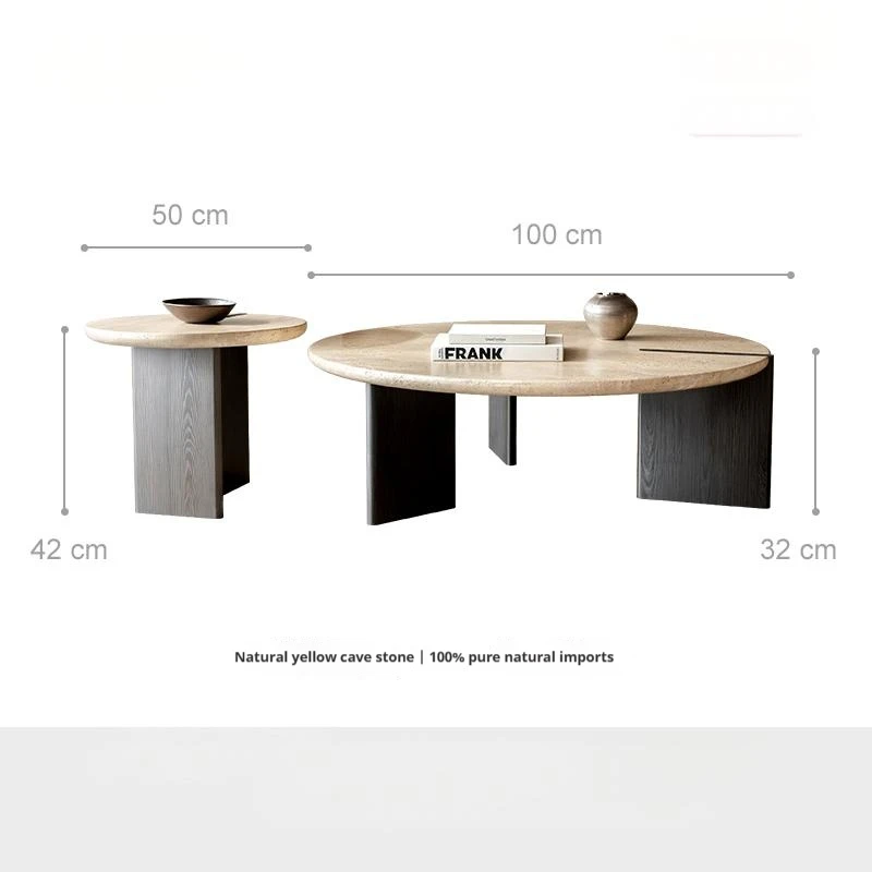 Solid Wood&Travertine Coffee Table, Mid-Century Modern Designer Round Table, Heat&Scratch Resistant, Natural Veining, Customize