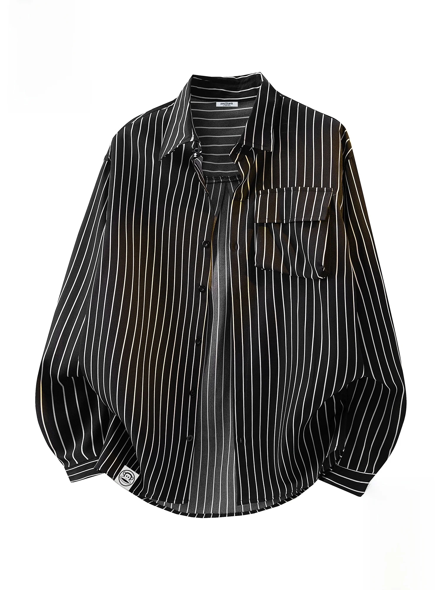 

PaulFrank Large-Mouth Monkey Bla Stripe Men's irt Spring 2026 Loose Retro High-End Feeling Turn Collar Long Sve Button-Up