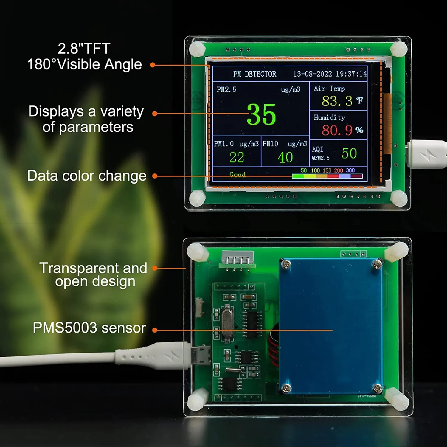 Air-Quality Monitor Pm2.5 Pm10 Pm1.0 Detector Indoor Gas Quality Monitors for Cars, Home, Etc. (Pm1.0, Pm2.5, Pm10)