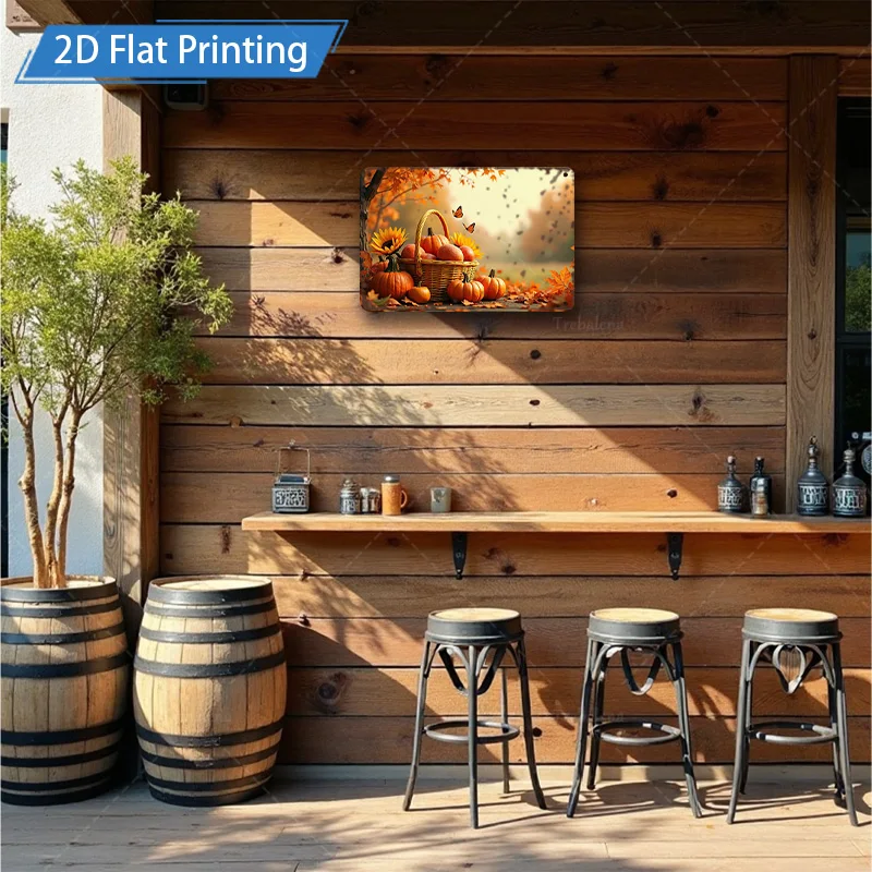 [2D FLAT] Металлический знак, 1 шт., 8x8-дюймовая корзина с тыквой для осеннего урожая, 2D металлический настенный художественный декор с плоским принтом