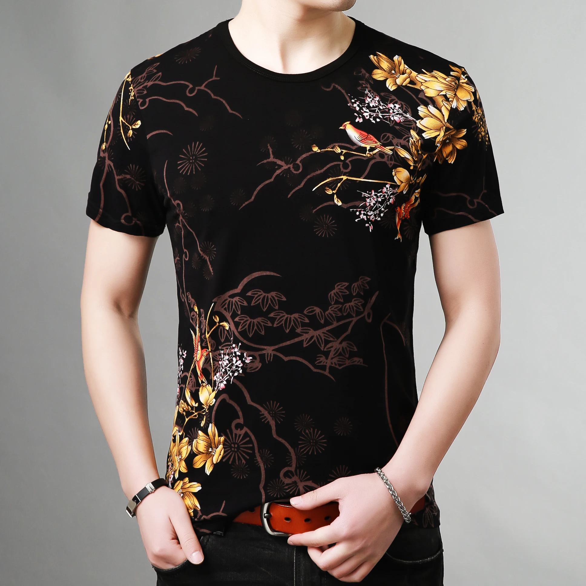 Men's Chinese Style Short Sleeve T-shirt Knitted Pure Cotton Round Neck Clothes Printed Pullover Base Drop Shipping