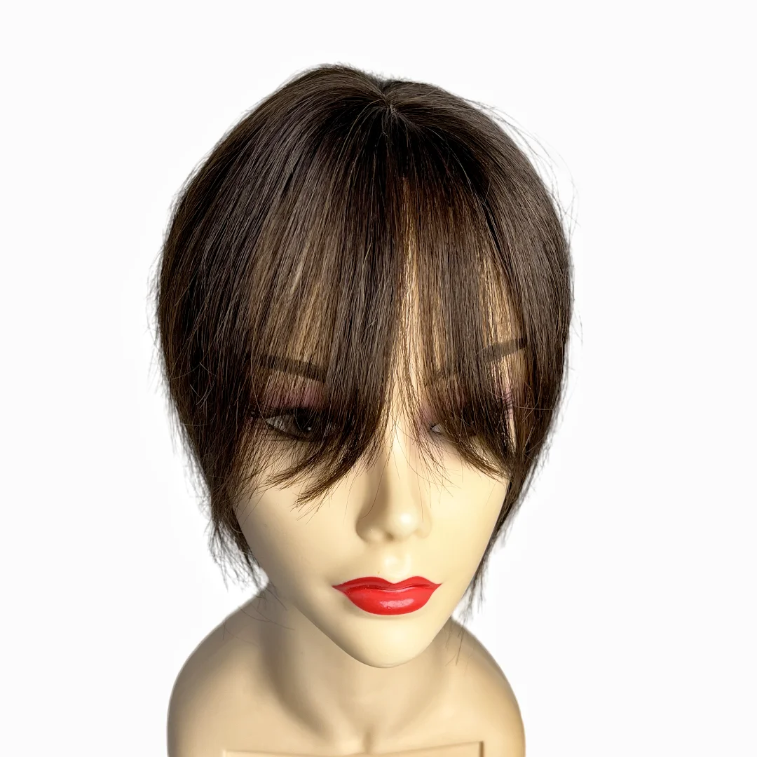 Dark Brown Human Hair Toppers For Women Hair Loss Natural Real Human Hairpiece Extension with Bangs Toupee Add More Volume