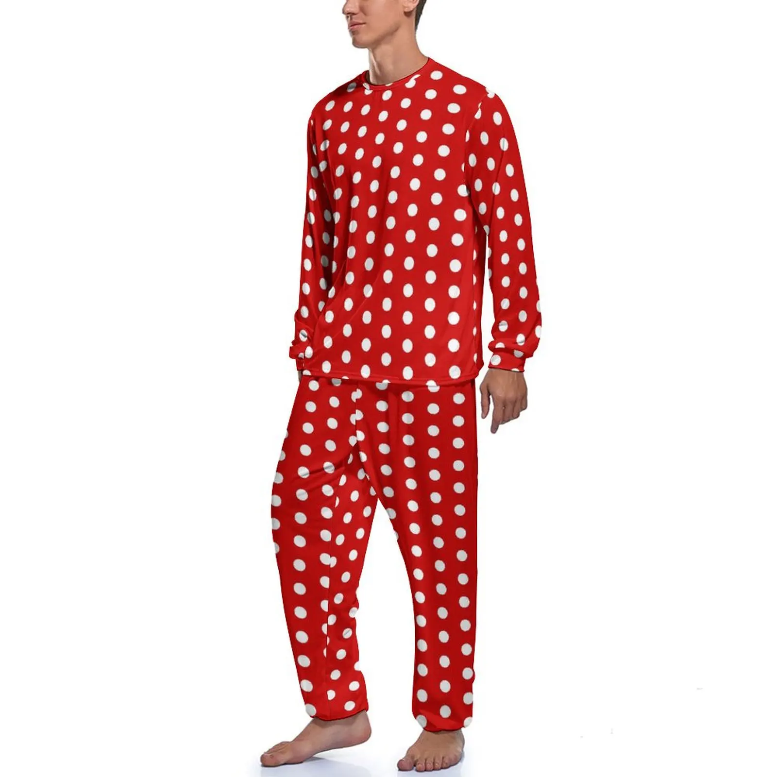 Vintage Polka Dots Pajamas Men Red and White Cute Home Suit Winter Long Sleeve 2 Piece Sleep Design Pajama Sets