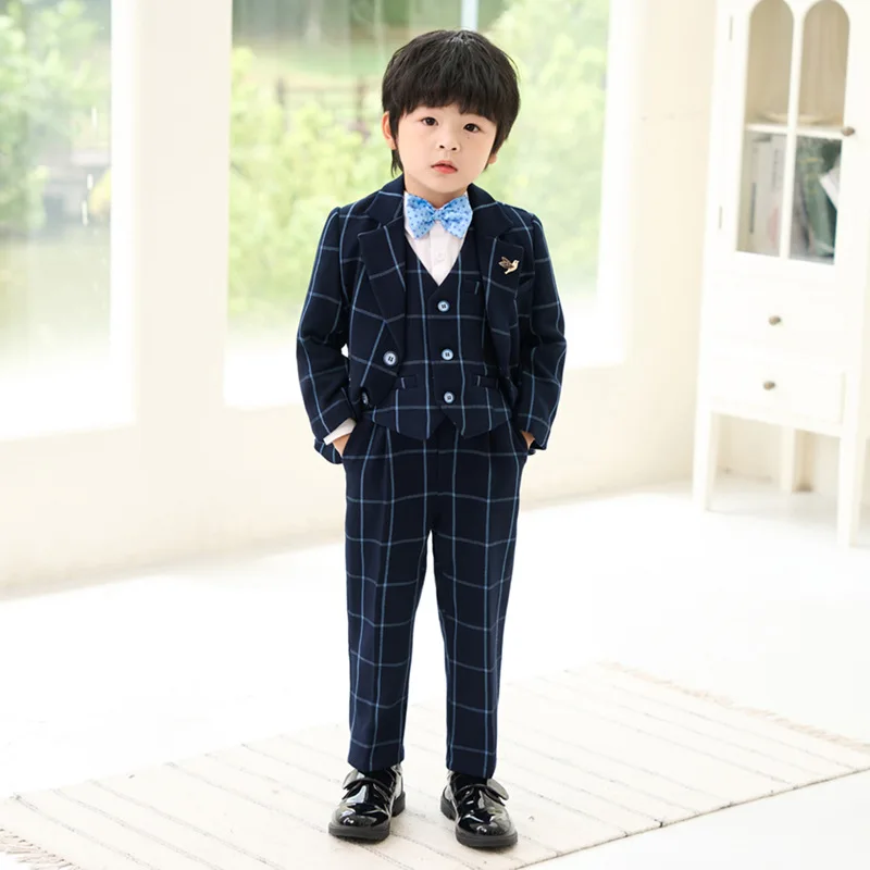 

Boys Autumn Paid Suit Set Children Party Wedding Piano Hosting Performance Dress Spring Kids Blazer Vest Pants Bowtie Clothes