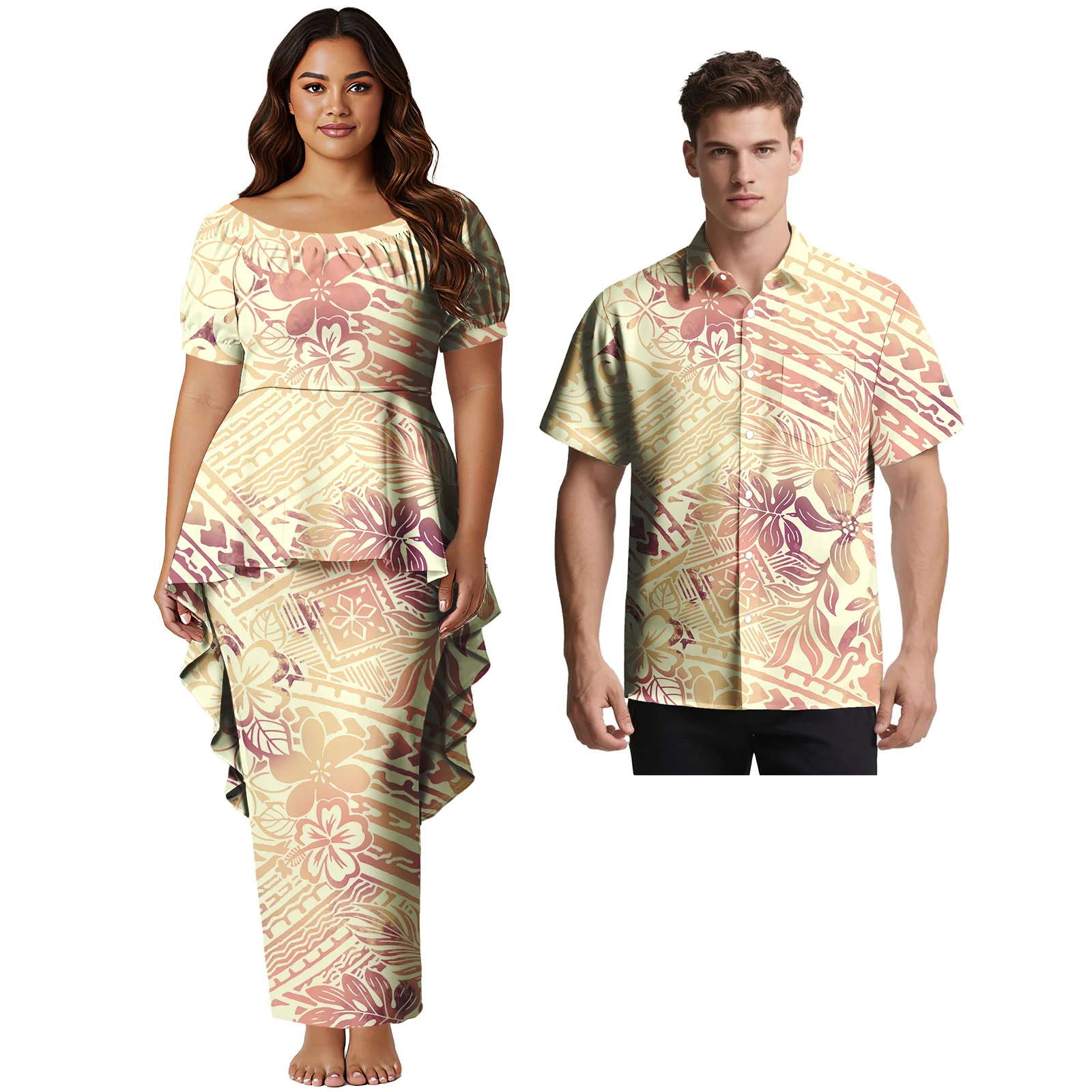 Hawaii Custom Logo His-and-Hers Clothes Church Style Ladies 2pcs Long Dress Men Short Sleeve Shirt Samoan Polynesian Couple Suit