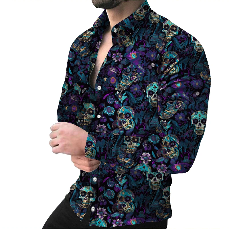 Retro Skull Flower Men\'s Pattern Long Sleeve Button Shirt Fashion Formal Shirt