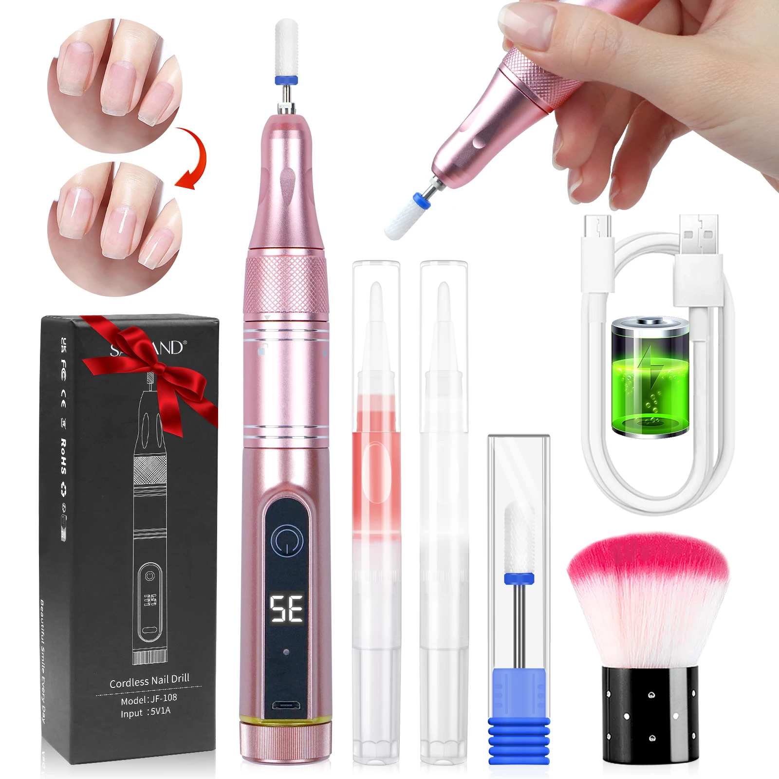 Saviland Electric Nail Polish Drill LED Display Rechargeable Nail Drill for Acrylic Nails with Nail Bits Cuticle Oil Pen Remover