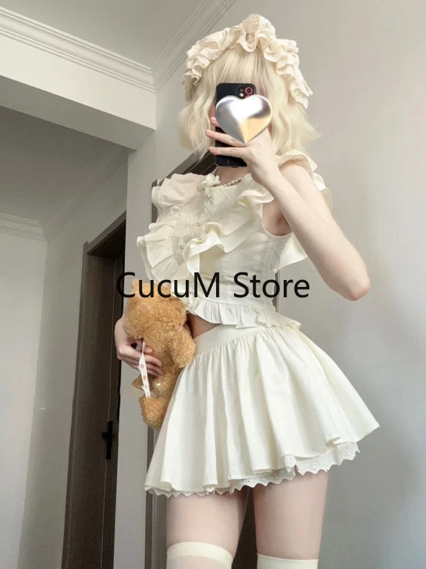 2024 Summer Hot Girls Sweet Kawaii Suit Woman Casual Cute Blouse Japanese Style Y2k Mini Skirt 2000s Aesthetics Fashion Sets