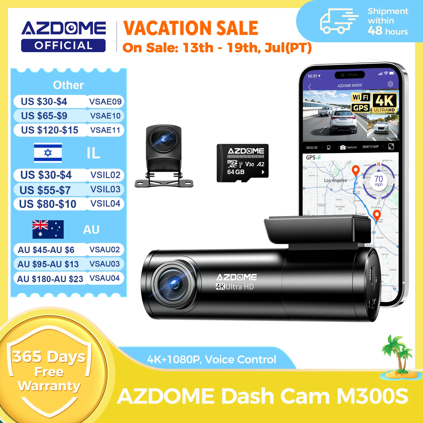 AZDOME M300S Kamera Samochodowa 4K+1080P z Kamerą Tylną, Obiektyw 800MP, Wbudowany GPS, WIFI, Rejestrator…
