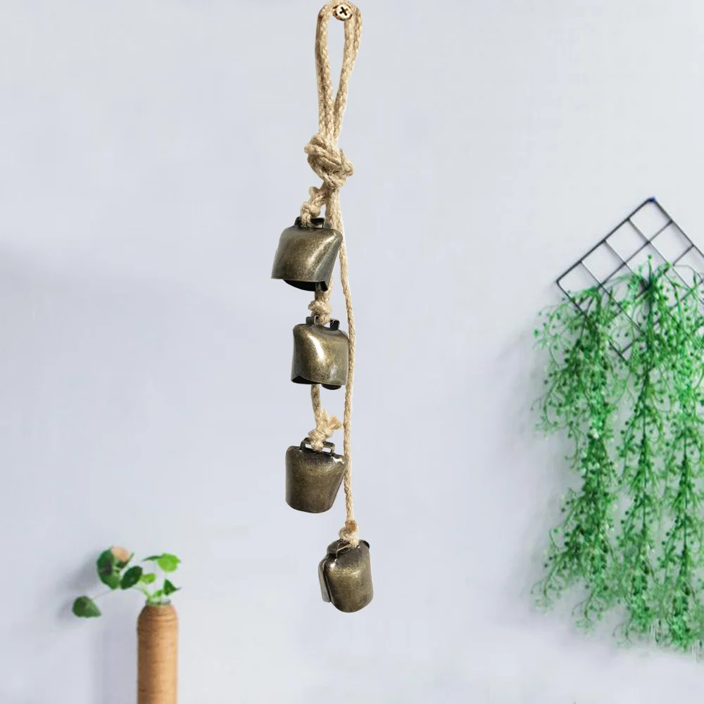 

Handcrafted Hemp Rope Vintage Bells Wind Chimes Decorative Cow Bells With Jute Hanging Rope Front Door Bronze Bells Wall Hanging