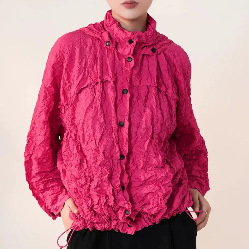 Miyake Pleated Jacket 2026 Autumn New Solid Textured Single Row Multi-Button Stand Collar Hooded Drawstring Casual Women's Top