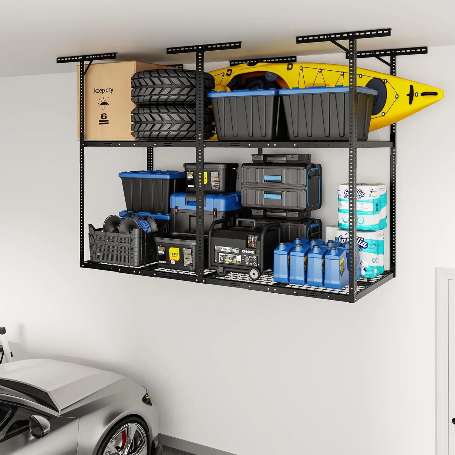 

3x8ft 2 Tier Garage Ceiling Storage Rack Adjustable Overhead Garage Storage System Heavy Duty Metal Shelving 1000 lbs Capacity