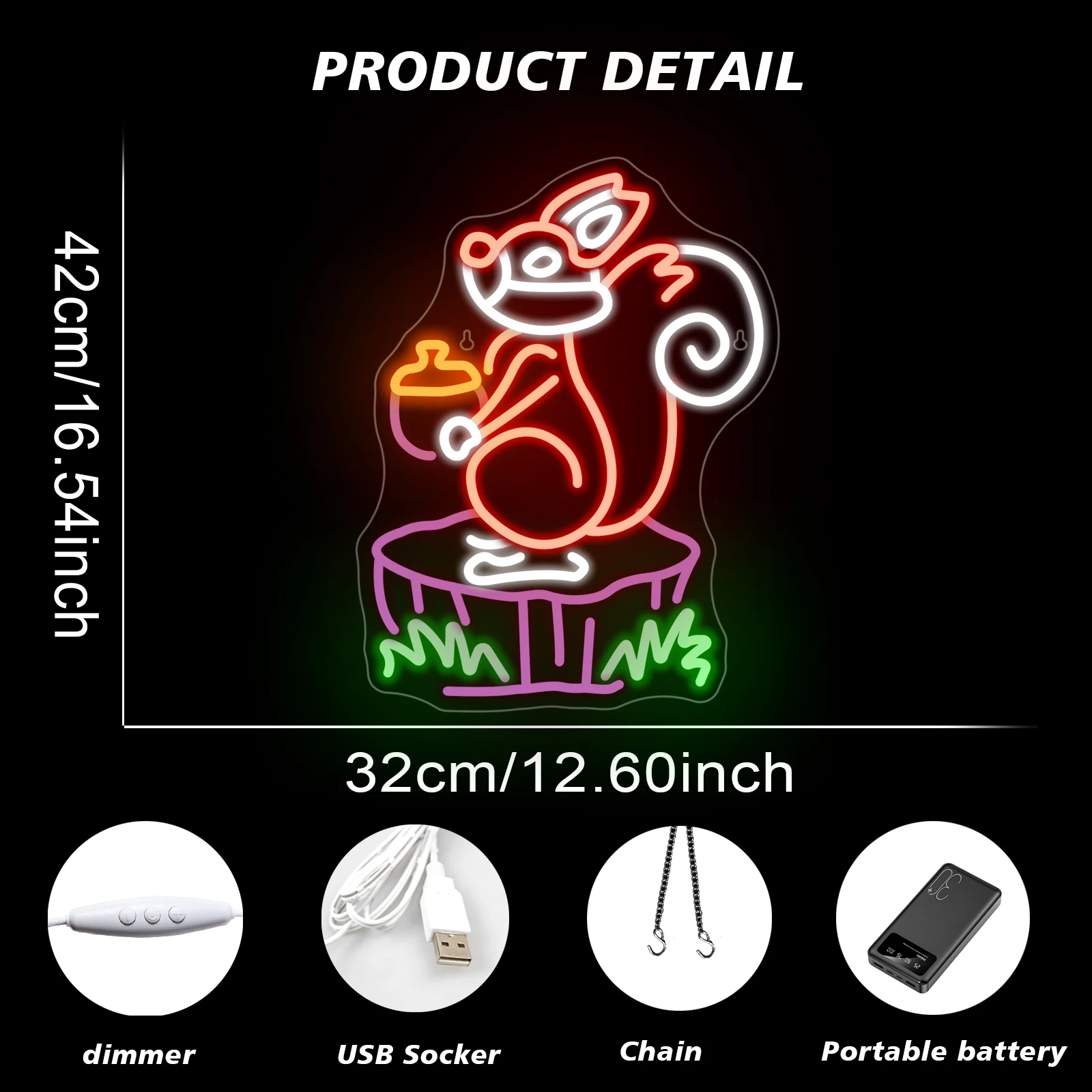 Squirrel Neon Sign Cute Led Light Up Sign For Wall Decor Children's Room Animal Paradise Kid's Birthday Gift Dimmable Lamp USB