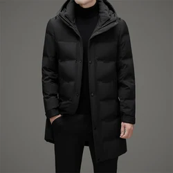 Classic Winter Men's Warm Mid-Length White Duck Down Jackets Outwear Windproof Long Hooded Puffer Coat Casual Loose Thick Parkas