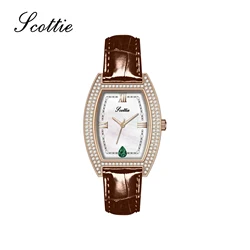 New Diamond Set Wine Bucket Fashion Women's Watch Gem Zircon Leather Waterproof Needle Buckle Gift Patent Leather Quartz Watch