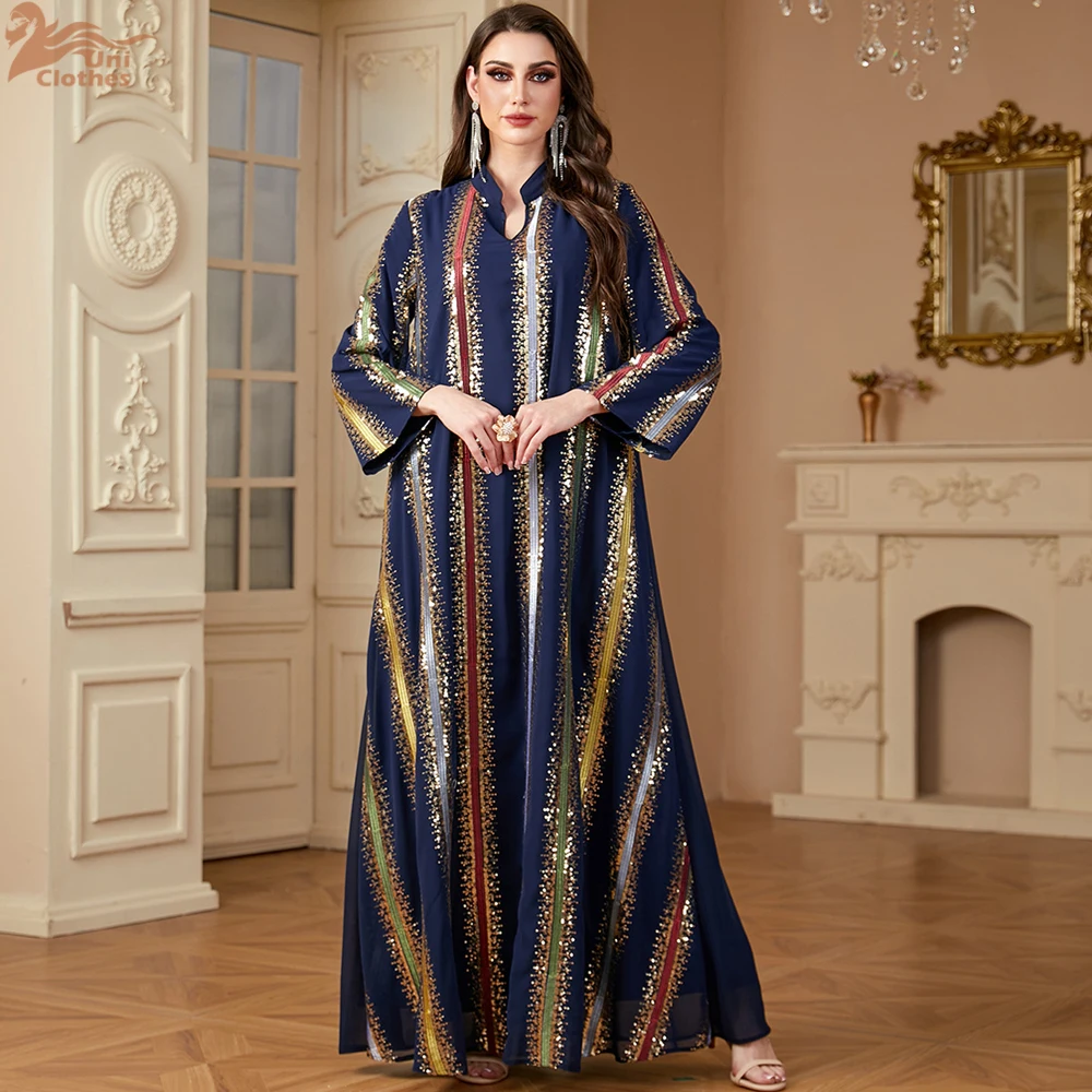 Uni Ramadan Dubai Embroidery Sequins abaya Stripe Loose Kaftan Muslim Elegant Women Evening Dress