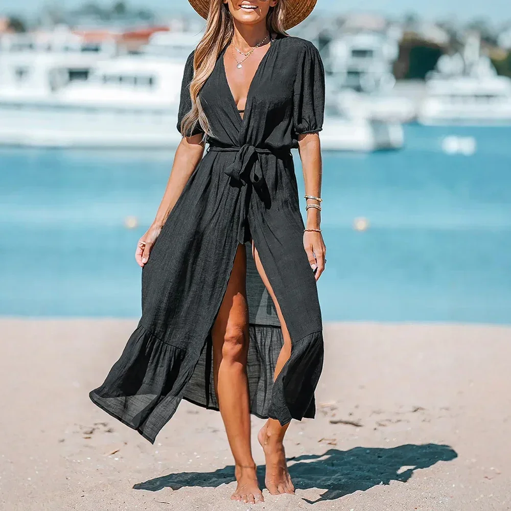 

Swimsuits Summer Fashion Simple Lantern Sleeve Button Front Midi Beach Style Swimsuits For Women