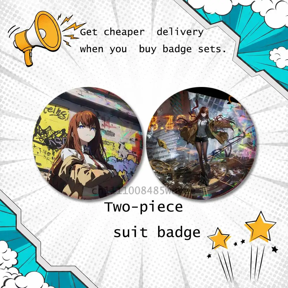 S-Steins GateS M-Makise KurisuS Brooches for Backpack Accessories 25,32,44,58,75mm Round Enamel 2-piece set Cartoon Anime Badge