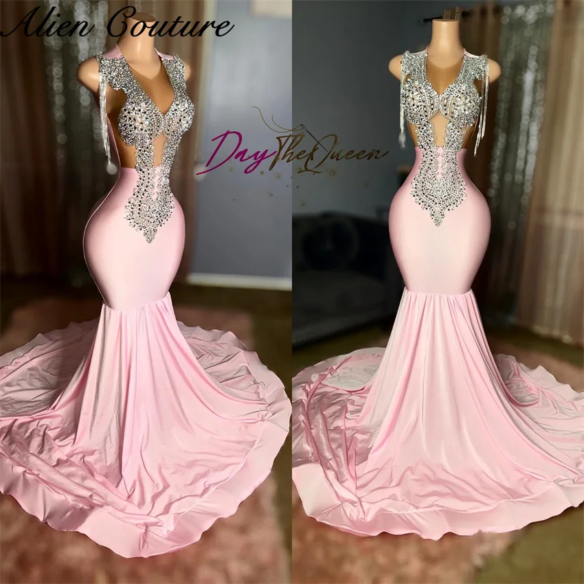 Luxury Pink Diamonds Mermaid Prom Dress Glitter Beads Rhinestones Birthday Party Dress Tassels Elegant Party Dresses Customized 