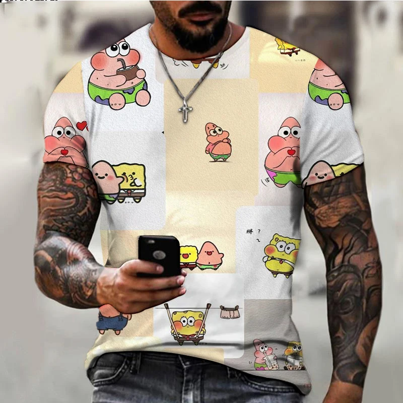 SpongeBob cartoon print children\'s T-shirt 2024 summer new Harajuku trendy brand all-match men\'s round neck casual T-shirt