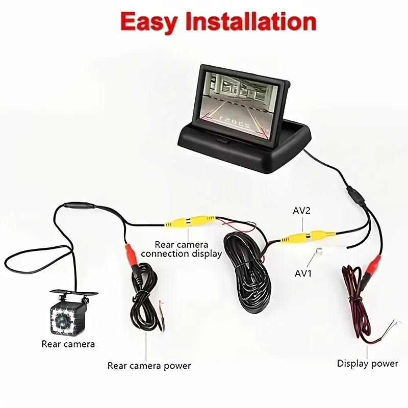 4.3in Folden Car Backup Camera Rear Camera Monitor Kit with 12 LED Lights 480P Night Vision for Cars, Trucks, RVs, Mini-Vans