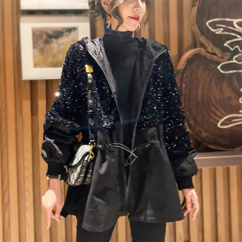 

European Women Station Add Cotton Jacket Slim Windbreaker Hong Kong Style Autumn Winter New Sequins Stitching Small Cotton Coat