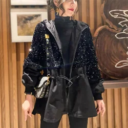 European Women Station Add Cotton Jacket Slim Windbreaker Hong Kong Style Autumn Winter New Sequins Stitching Small Cotton Coat