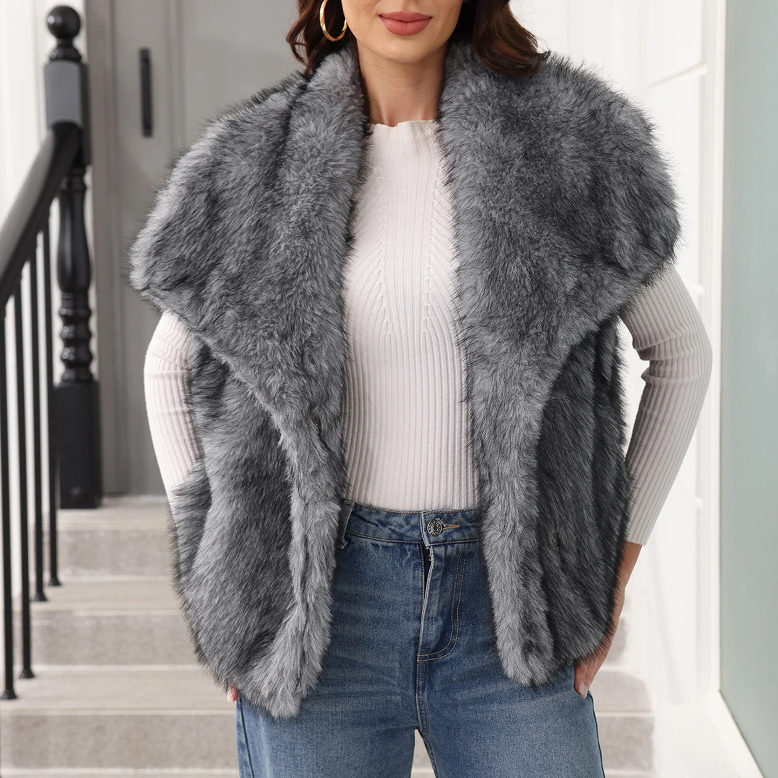 

Women'S Fashion Waistcoat Vest Sleeveless Lapel Coat Solid Faux Fur Jacket Coat Winter Thicken Outerwear High Street Coat