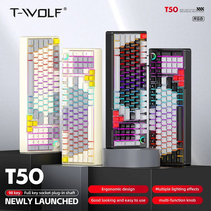 T-WOLF T50 RGB Wired Gaming Keyboard 98 Keys Full Key Detachable Multifunctional Knob Compatible with PC And Laptops