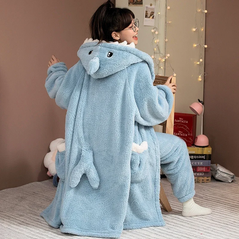 Cartoon Flannel Nightgowns Long Thick Coral Velvet Pajamas Set Women Winter Cute Warm Nightdress Shark Cosplay Sleepwear Suit MS