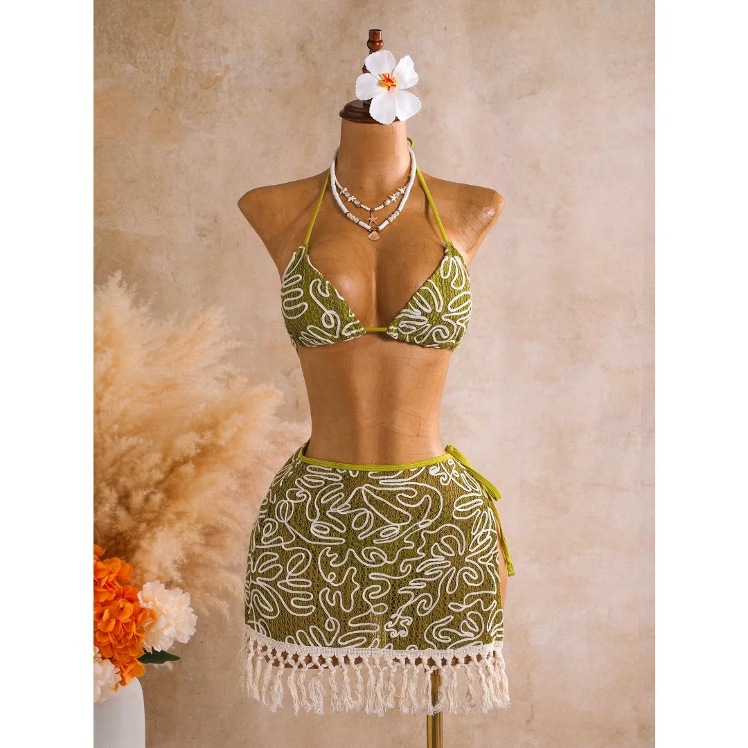 Sexy Bikini mit Rock, Neckholder-Bikini, Damen-Badeanzug, dreiteiliges Bikini-Set, Badebekleidung, Badeanzug, Schwimmbekleidung V8499 – Detail 9