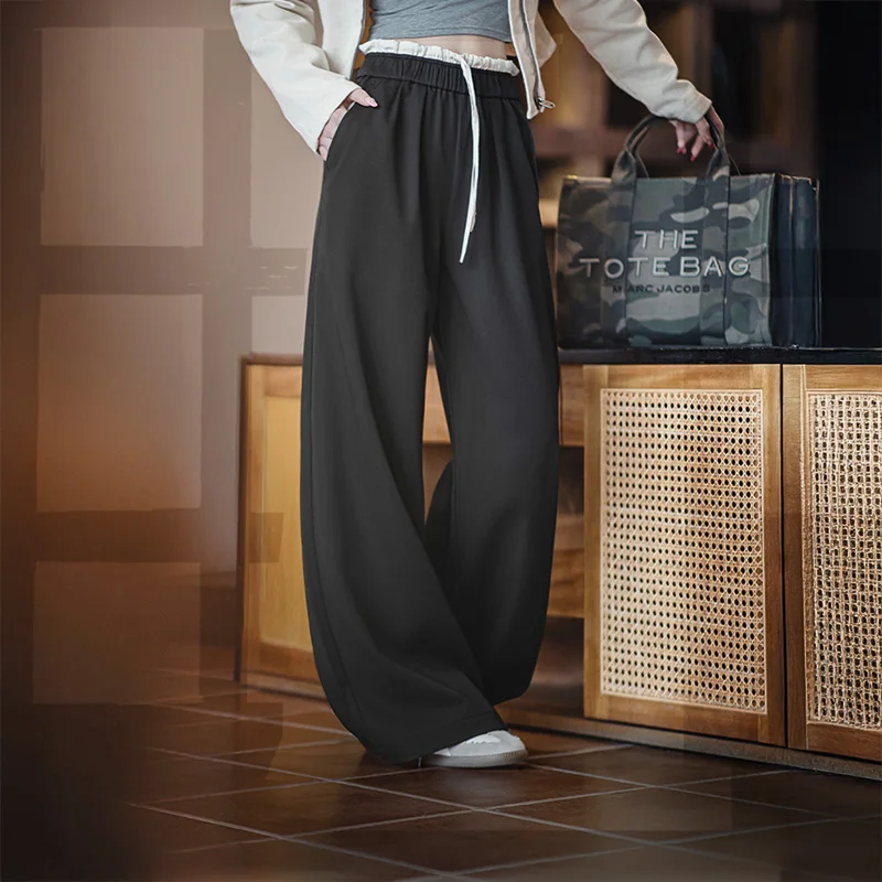 Maden Pantalones de retales de pierna ancha para mujer, cintura elástica negra con cordón, pantalones de vestir de oficina transpirables para verano