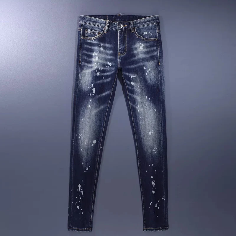 

Новые дизайнерские модные мужские джинсы: ретро, темно-синие, стрейч, слим-фит, с эффектом потертости и рваными элементами, брендовые винтажные джинсовые брюки для мужчин
