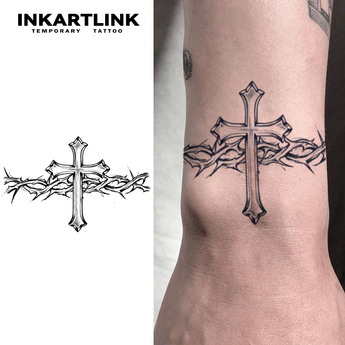 INKARTLINK Thorn Cross Tattoo Patch | Gothic Religious Tattoo | Waterproof for 15 Days | Neck and Arm Imitation Puncture Effect
