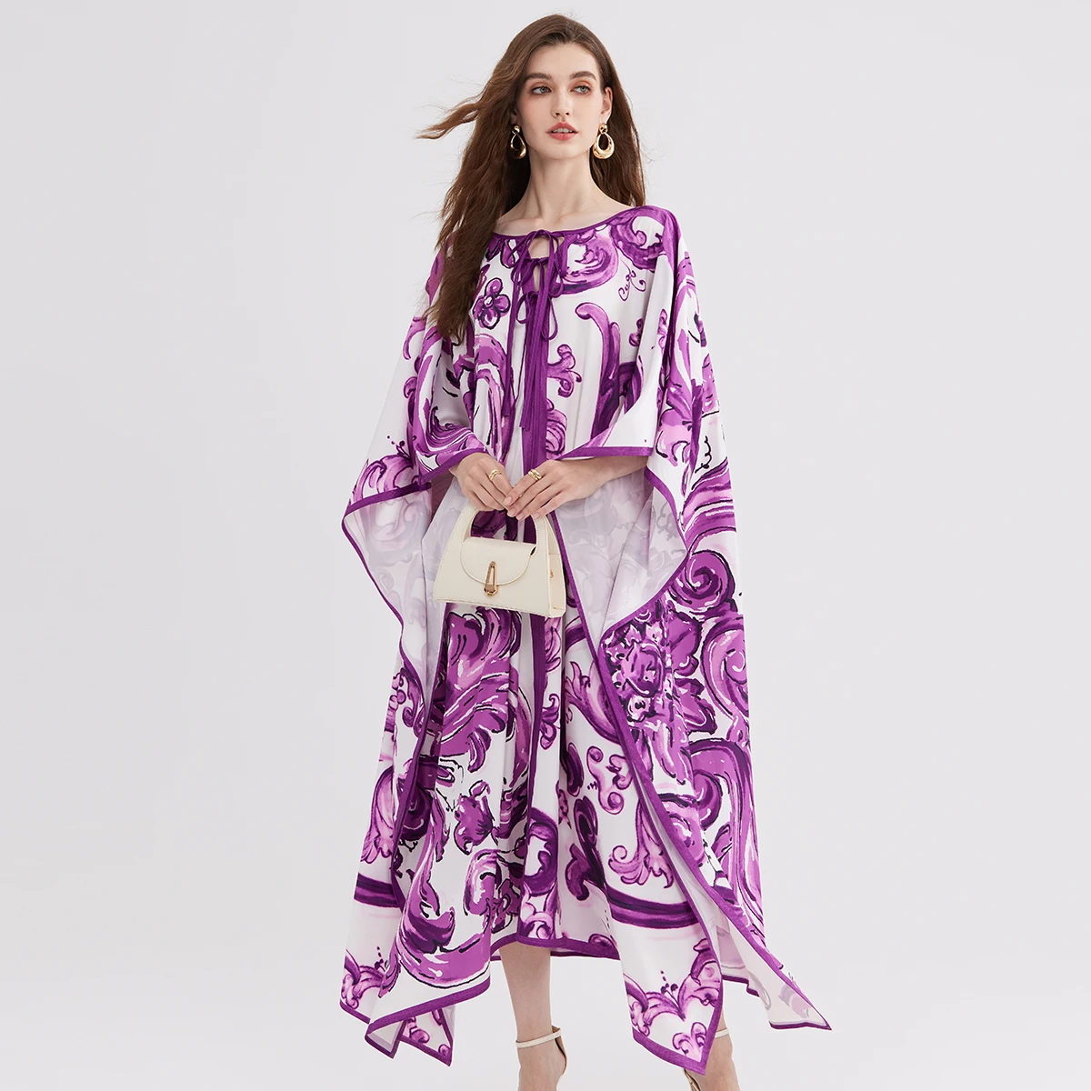 Summer New plus Size Purple Floral Print Dr with Bow Detail Loose A-Line Skirt Commute Sle Polyester Fabric Long Sve