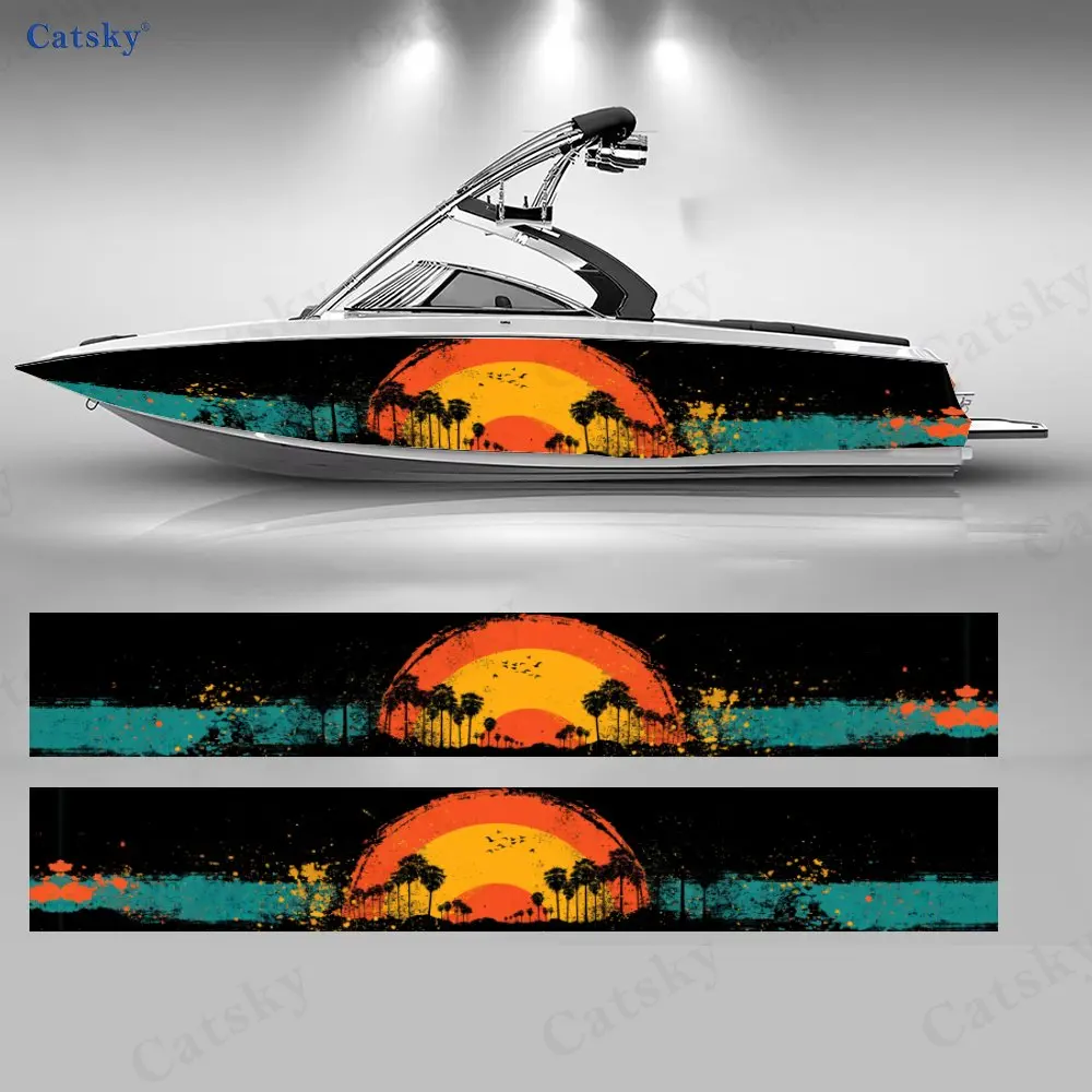 Flame Sea Palm Silhouette Boat Stickers, PVC Waterproof Durable Vinyl Wrap Decals for Fishing Boats, Durable and Stylish Design
