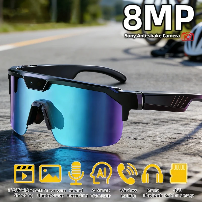 

8MP Camera Cycling Smart Glasses 1200P Video Record Dual Chip AI Translator BT Call GPT Sports Eyewear for Men Women