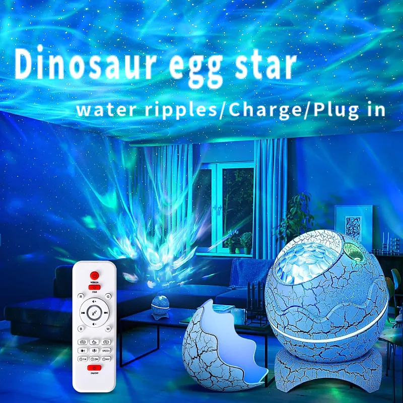 Cracked White Translucent Dinosaur Egg Projection Lamp Music Version Aurora Night Light Water Ripple Nebula Table Lamps