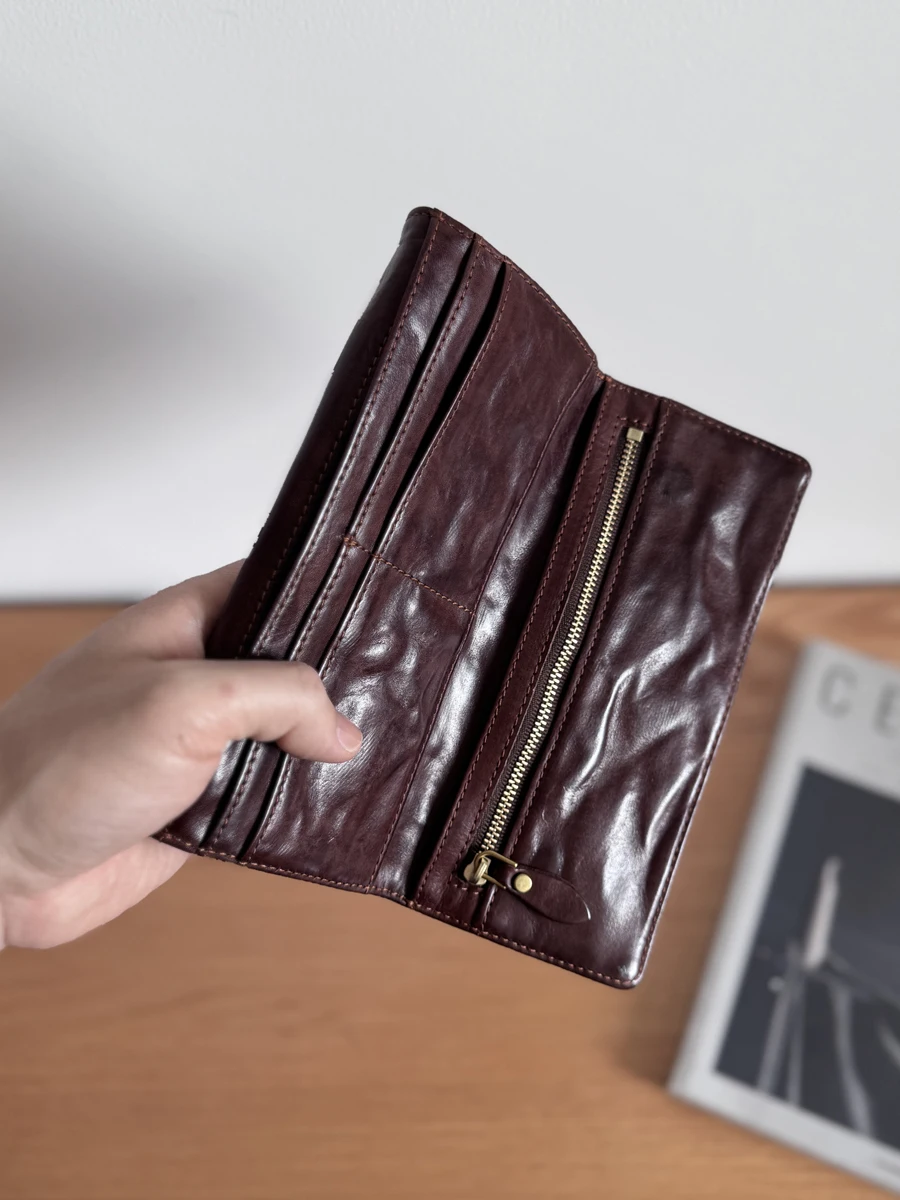 محفظة طويلة فاخرة من الطبقة الأولى من جلد البقر عالية الجودة محافظ ريترو متجعدة من جلد البقر حقيبة بطاقات الائتمان للجنسين