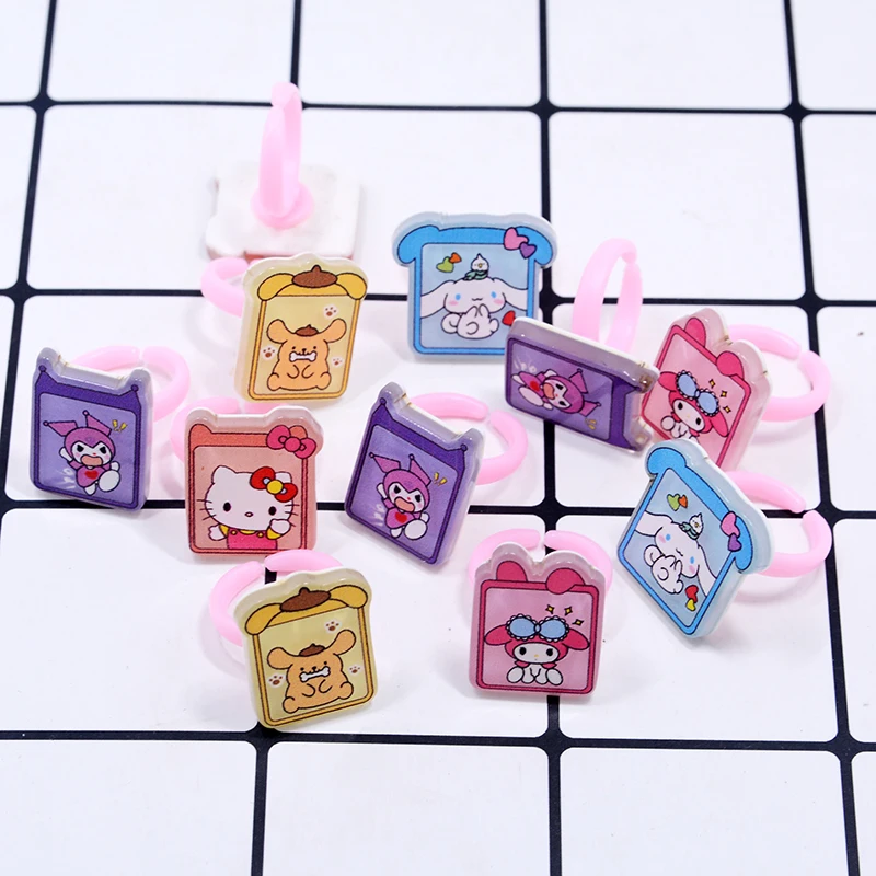 10/20pcs Cartoon Sanrio Ring heart shape Kuromi Hello Kitty Melody Kawaii Anime Cinnamoroll Adjustable Ring Toy Gift