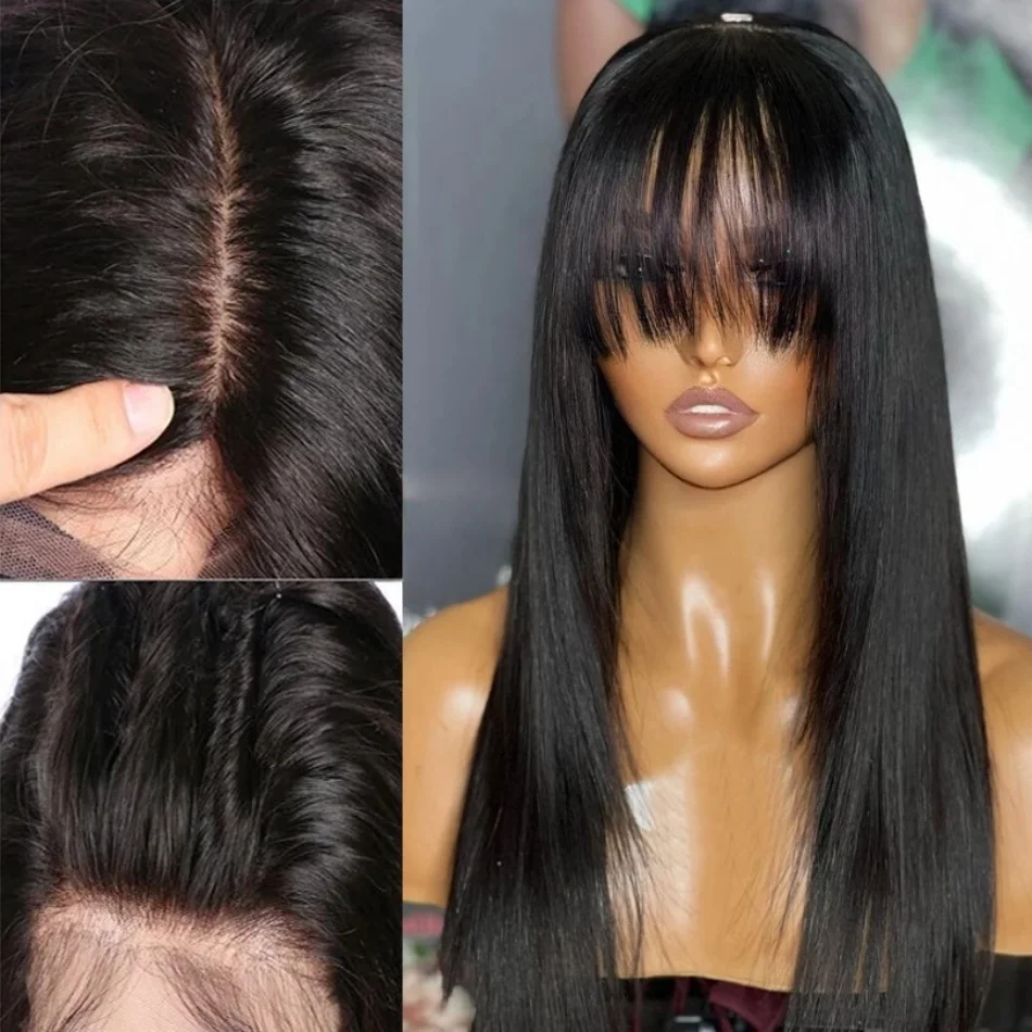 

No Lace Front Silky Wig Human Hair Brazilian Human Hair Wig 3X1 Full Machine Made Straight Human Hair Wig With Bangs For Women
