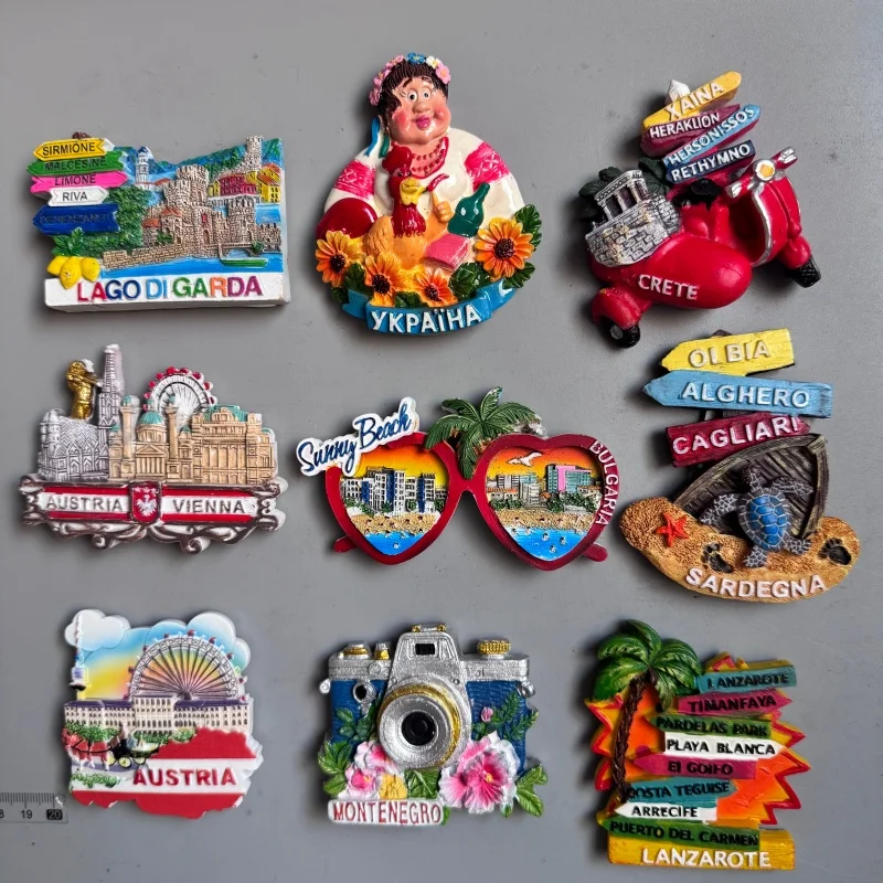 Fridge magnets Montenegro Bulgaria Crete Greece Sardegna Lago di Garda Italy Austria Lanzarote Spain Bahamas Antwerpen Belgium
