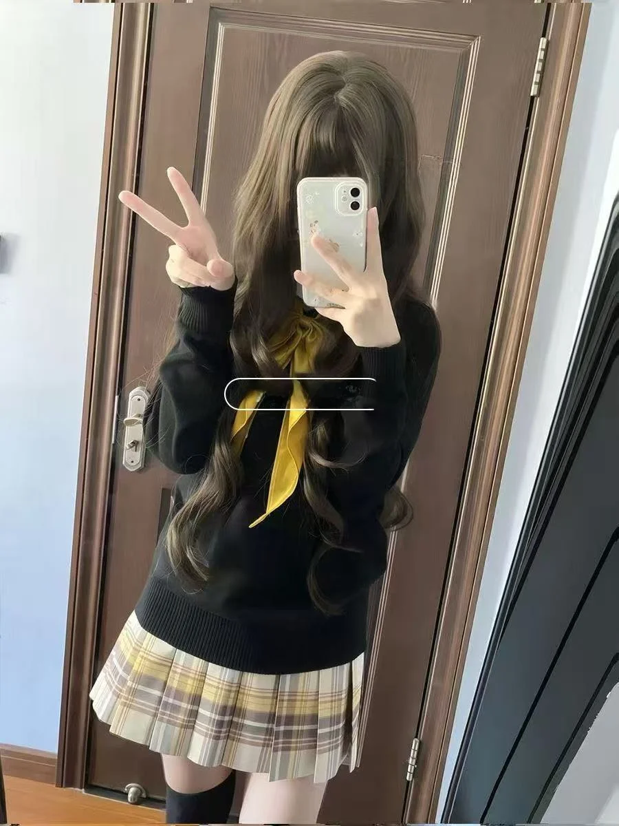 

College Style Japanese JK Uniform Knitted Open Cardigan Women's Spring Autumn Plaid Skirt Three Piece Set Fashionable Wo...