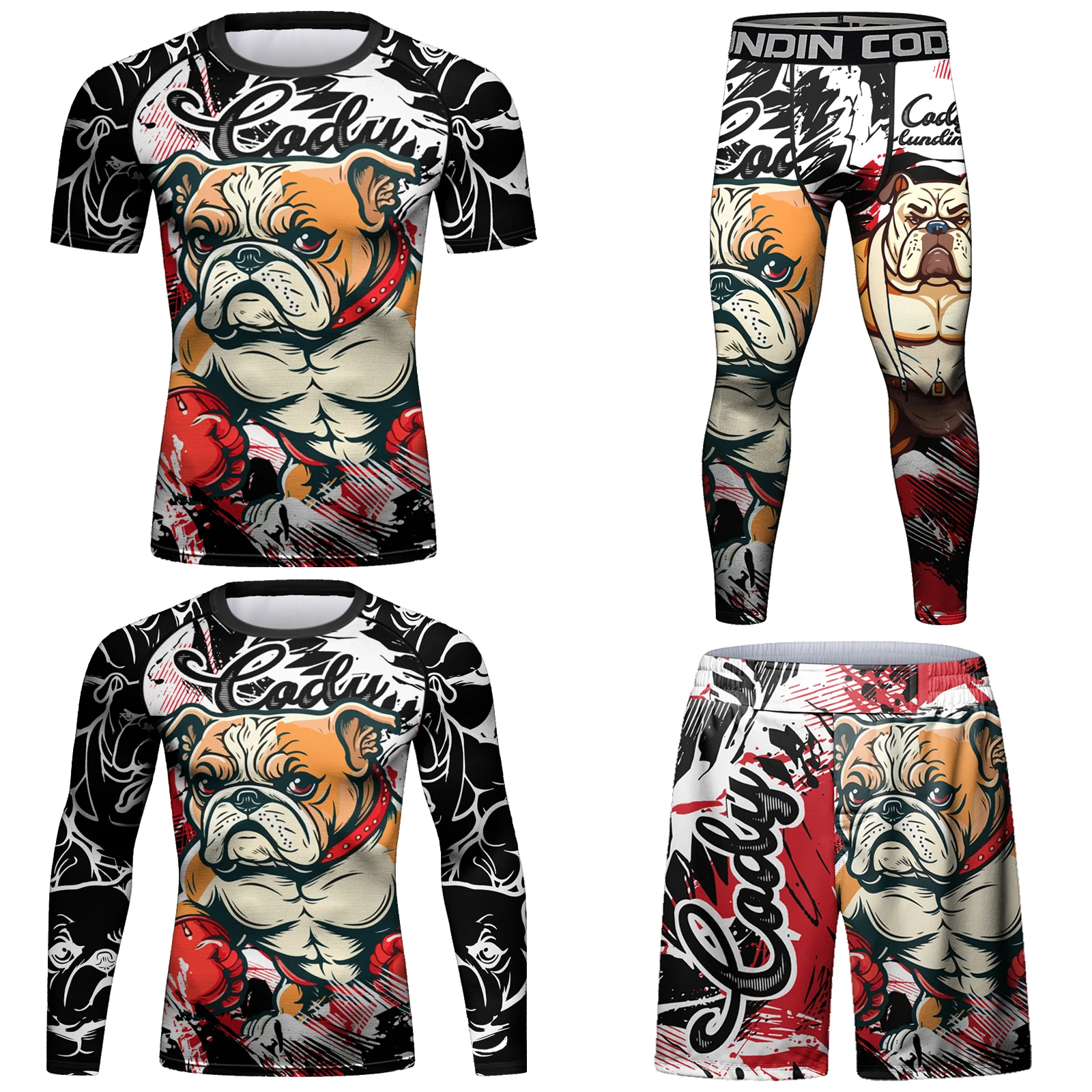 Cody Lundin Men Boxing Suit Dog Print Compression Suit Grappling Combat Fightwear jiu jitsu BJJ Rashguard +MMA Shorts Tracksuit