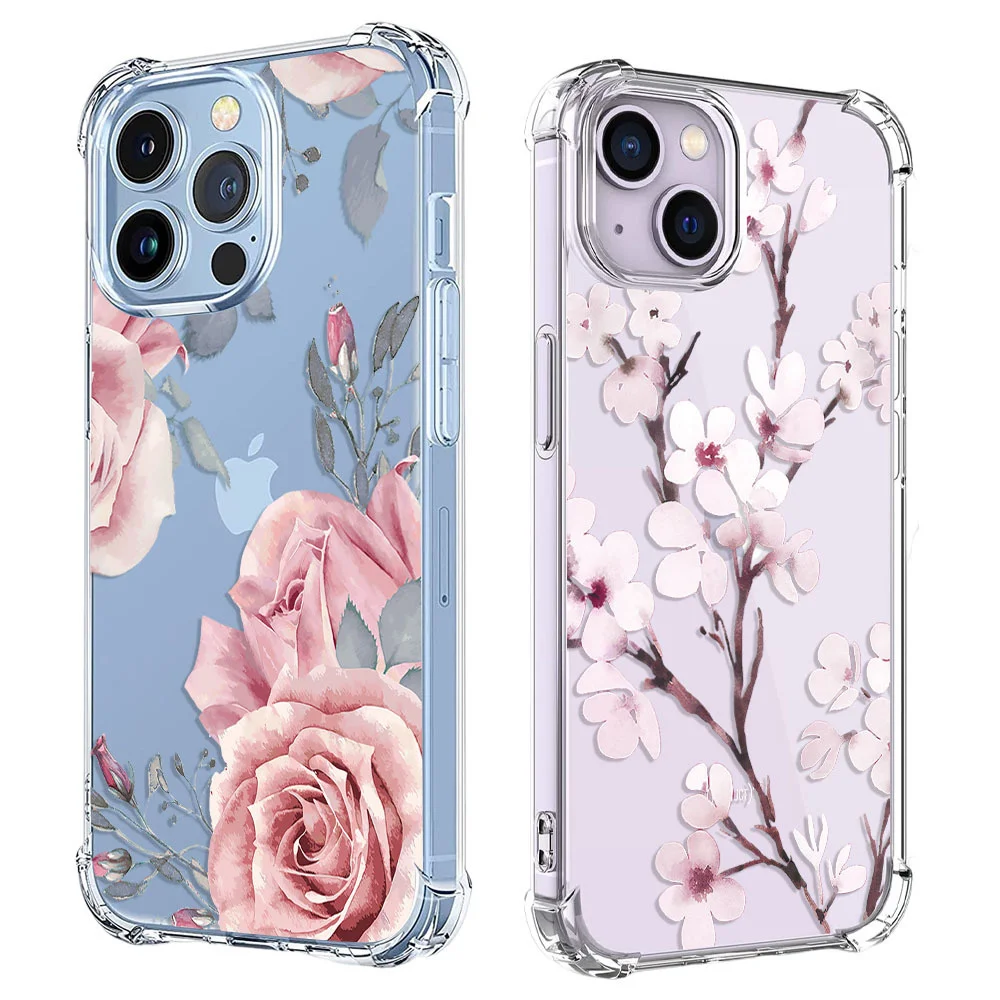 Shockproof Phone Case For iPhone 14 13 12 11 Pro X XS XR Max 7 8 Plus SE 2020 Mini Plum Rose Flower Soft Clear TPU Back Cover