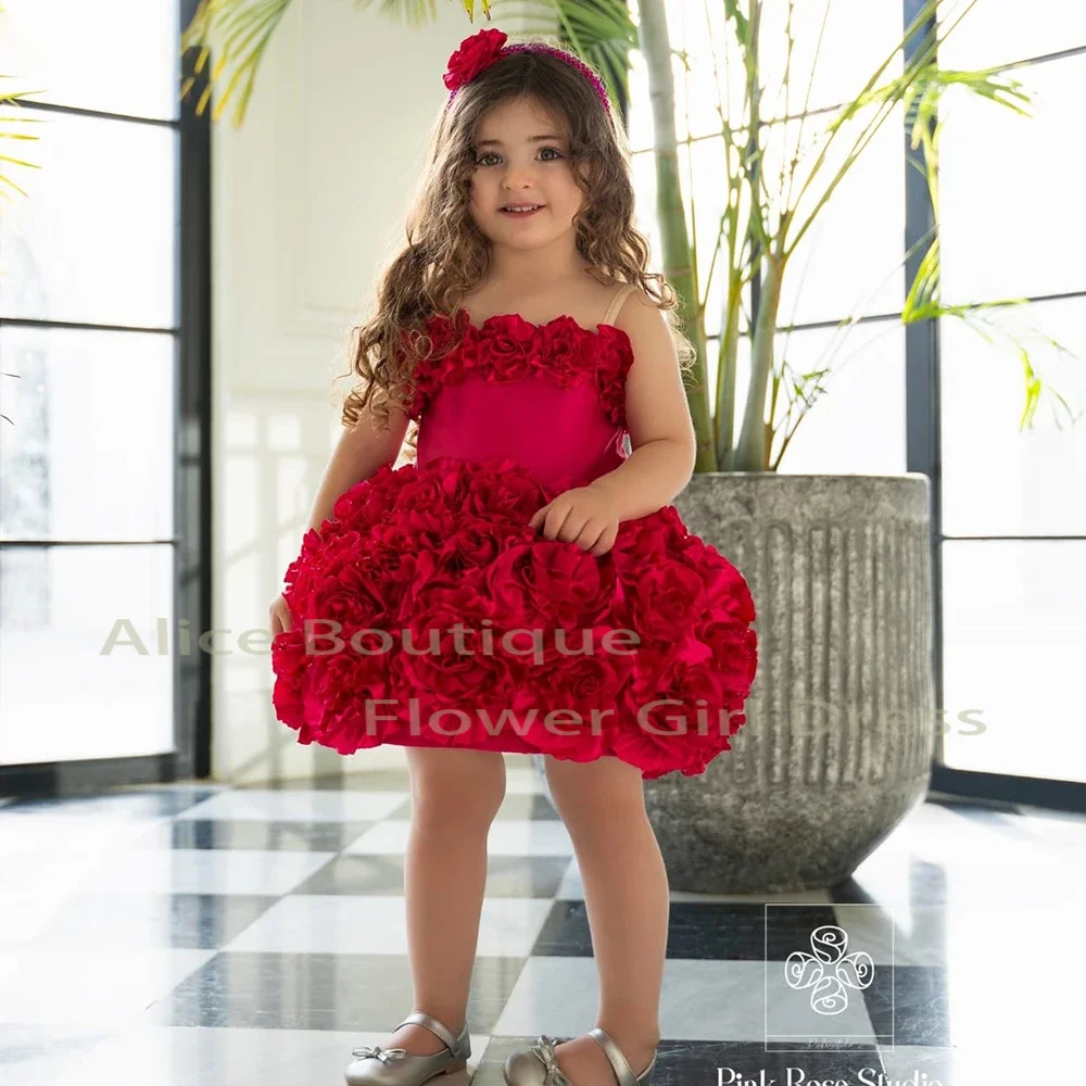 

Red 3D Flowers Spaghetti Straps A-Line Flower Girl Dress Knee Length Sleeveless Dress Kids Lovely First Communion Birthday Gowns