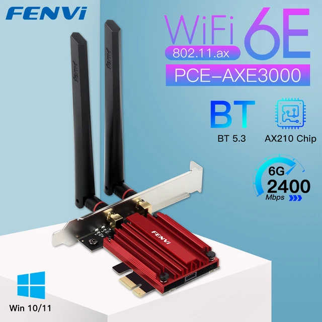 FENVI WiFi 6E AX210 5374 mb/s bezprzewodowy Adapter PCIE trójzakresowy 2.4G/5G/6Ghz kompatybilna z Bluetooth5.3 karta sieciowa WiFi dla Win 10/11
