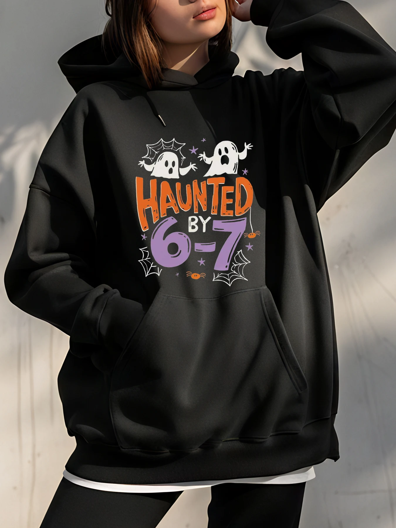 

Haunted by 6-7 Halloween Ghost Print Hoodie Women's Casual Pullover Sweatshirt Autumn Winter Fashion Streetwear
