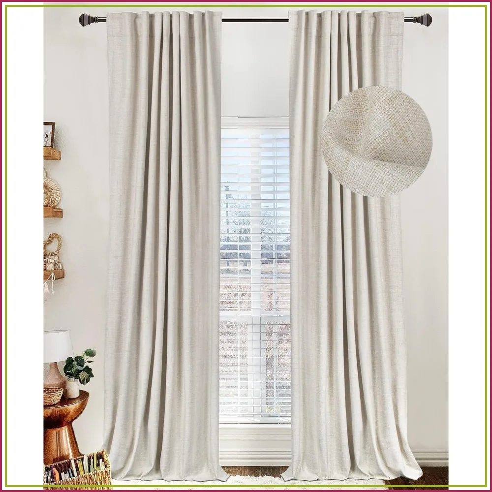 

100% Blackout Linen Curtains 108" Long, Back Tab/Rod Pocket, Thermal Insulated, 2 Panels, Cream, 50"W x 108"L